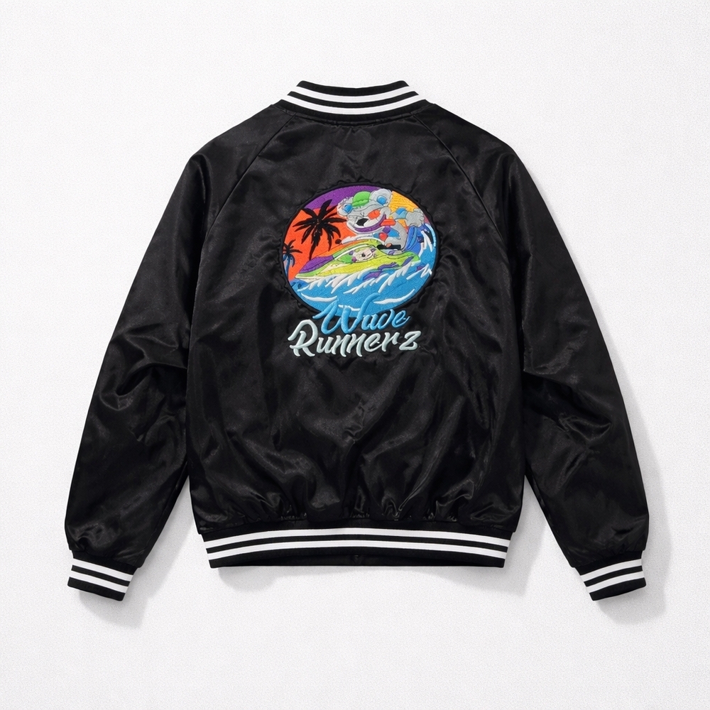 Black Bomber Jacket with Embroidered Design